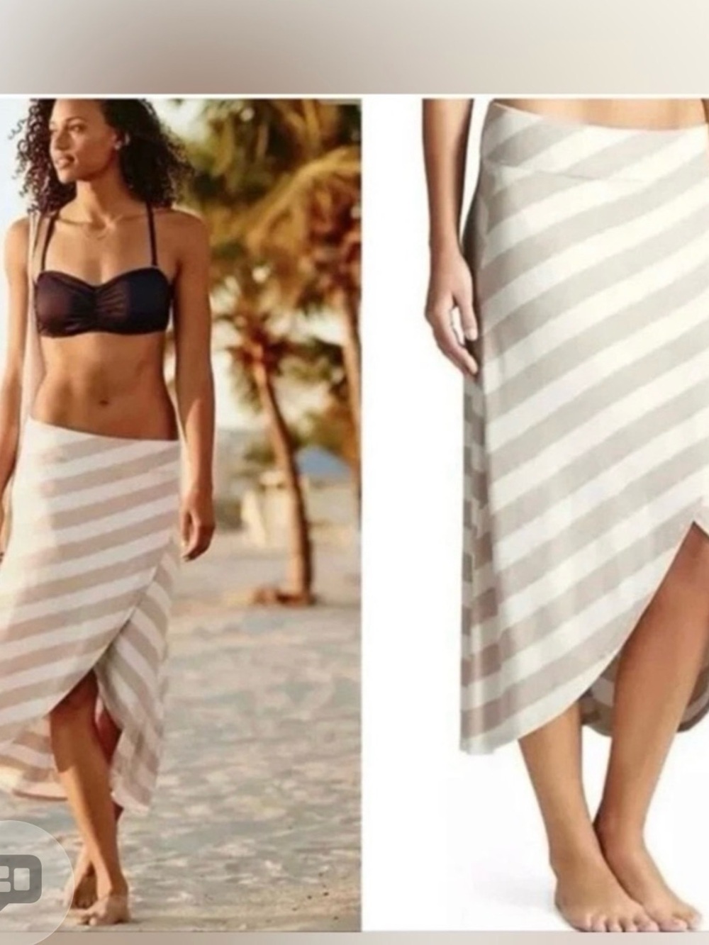 Athleta Striped Wrap long Skirt in Light heathered Beige and White XS NWT